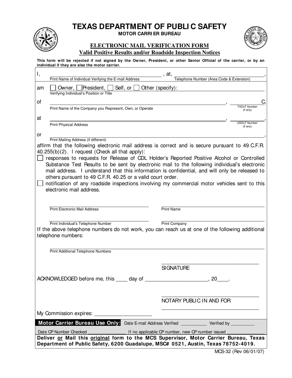 Form MCS-32 Electronic Mail Verification Form - Valid Positive Results and / or Roadside Inspection Notices - Texas, Page 1