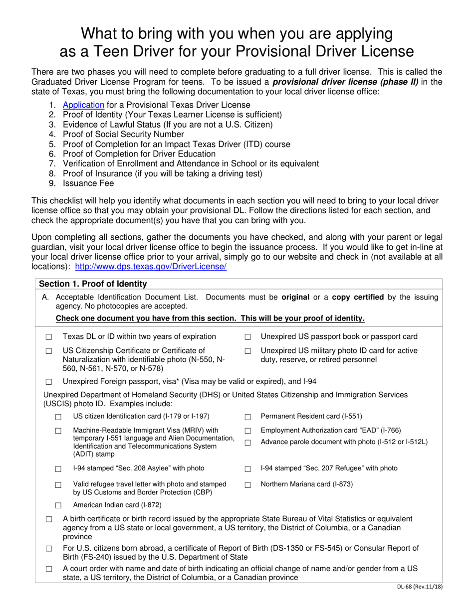 Form DL-68 What to Bring With You When You Are Applying as a Teen Driver for Your Provisional Driver License - Texas, Page 1