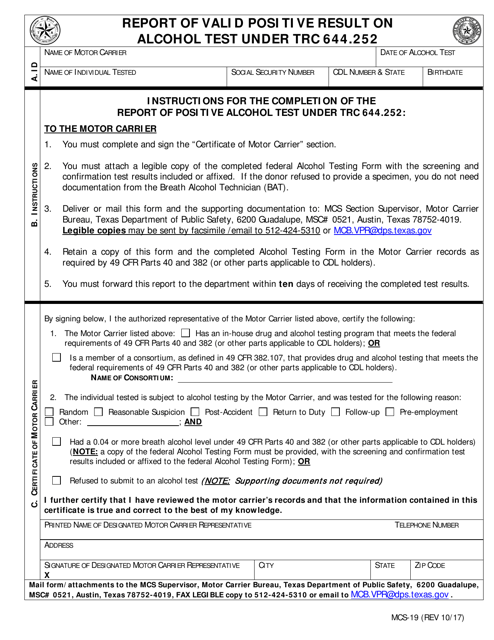 Form MCS-19 Report of Valid Positive Result on Alcohol Test Under Trc 644.252 - Texas