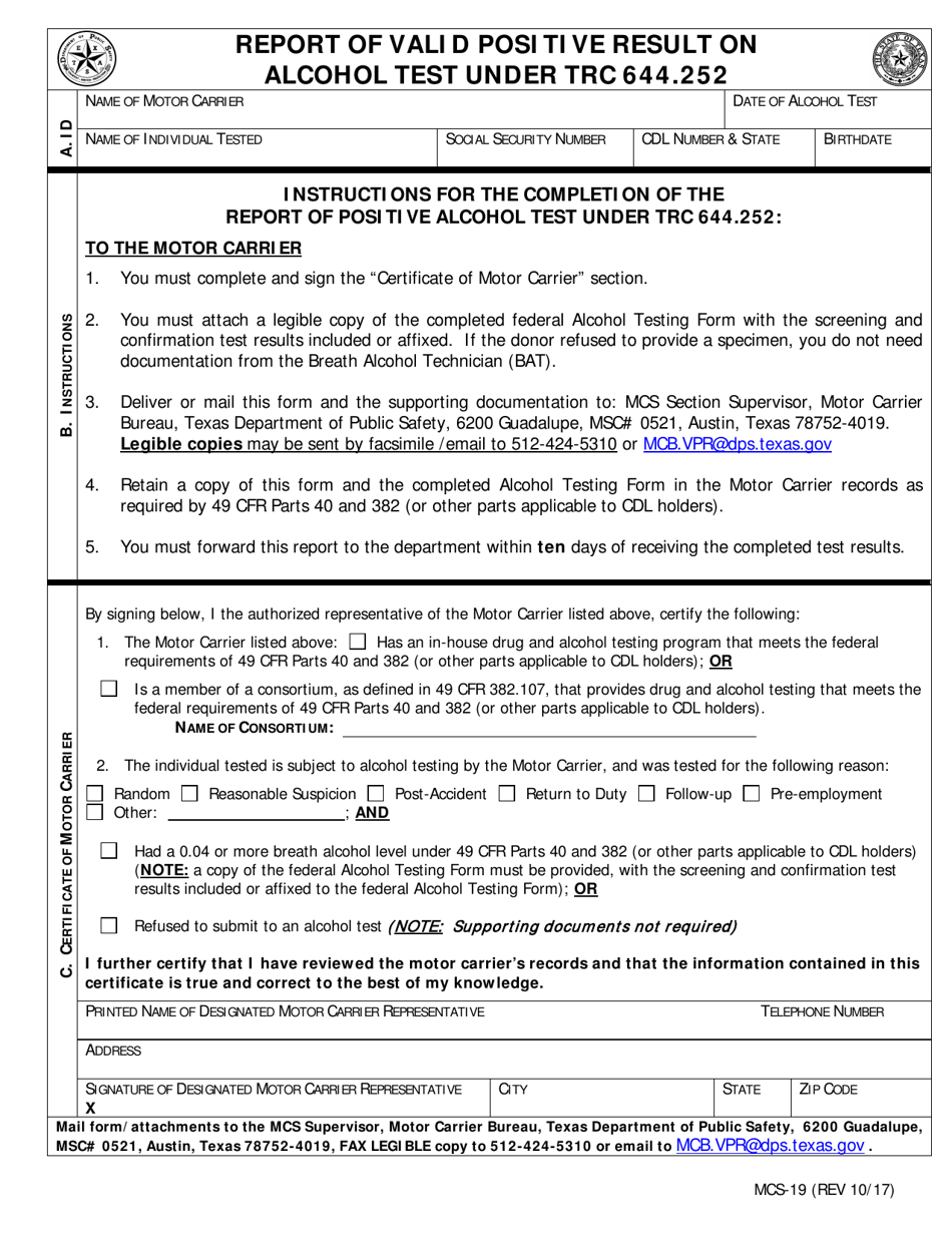 Form MCS-19 Report of Valid Positive Result on Alcohol Test Under Trc 644.252 - Texas, Page 1