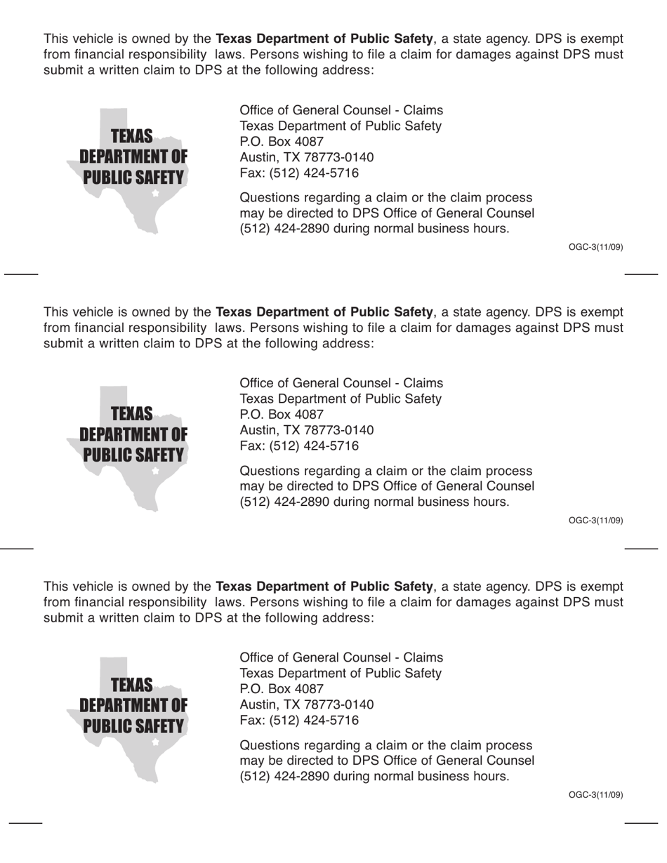 Form OGC-3 Fleet Claims Information Card - Texas, Page 1