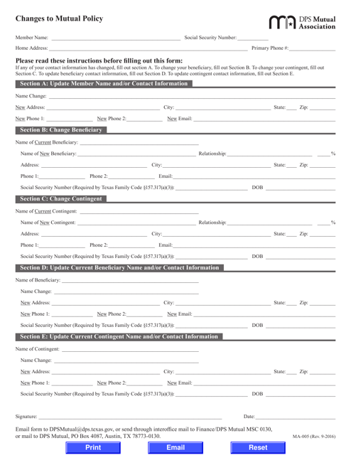 Form MA-005 Changes to Mutual Policy - Texas