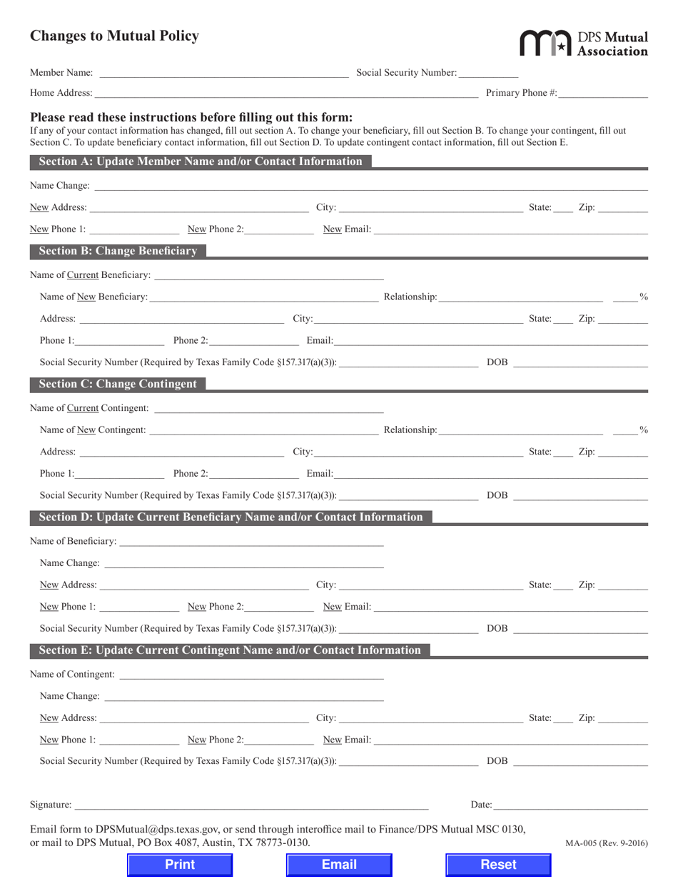 Form MA-005 Changes to Mutual Policy - Texas, Page 1