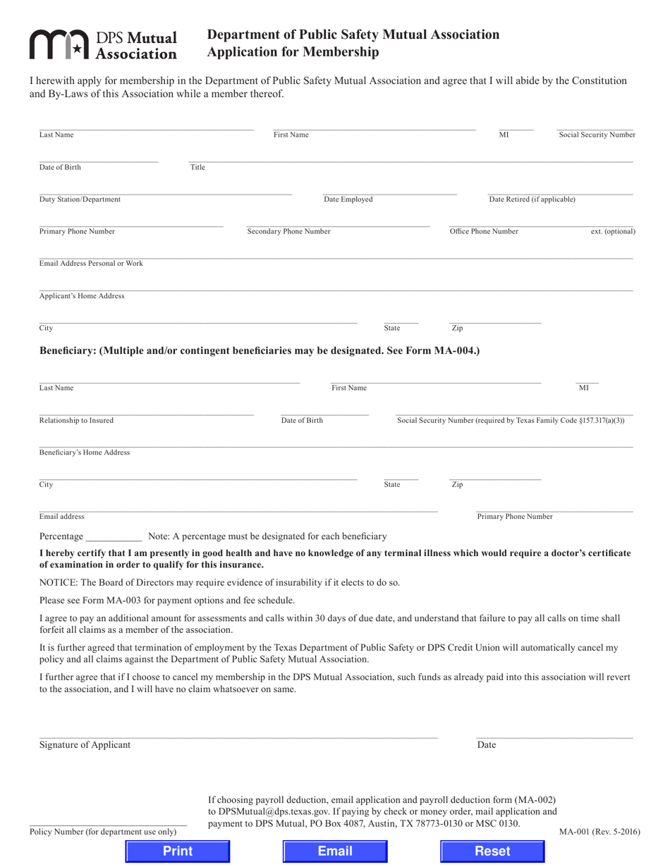 Form MA-001 Mutual Association Application for Membership - Texas, Page 1
