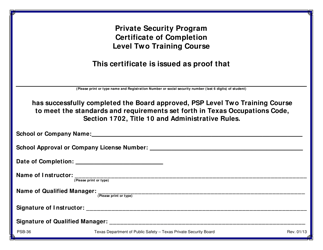Document preview: Form PSB-36 Level Two Training Course Certificate of Completion - Texas