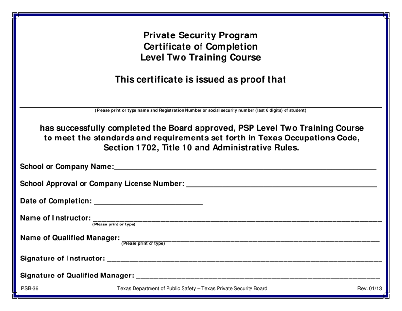 Form PSB-36 Level Two Training Course Certificate of Completion - Texas