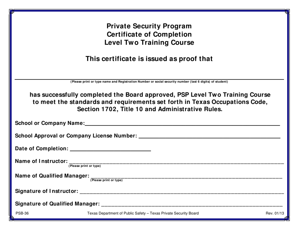 Form PSB-36 Level Two Training Course Certificate of Completion - Texas, Page 1