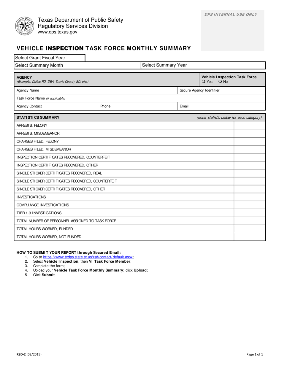 Form RSD-2 Vehicle Inspection Task Force Monthly Summary - Texas, Page 1