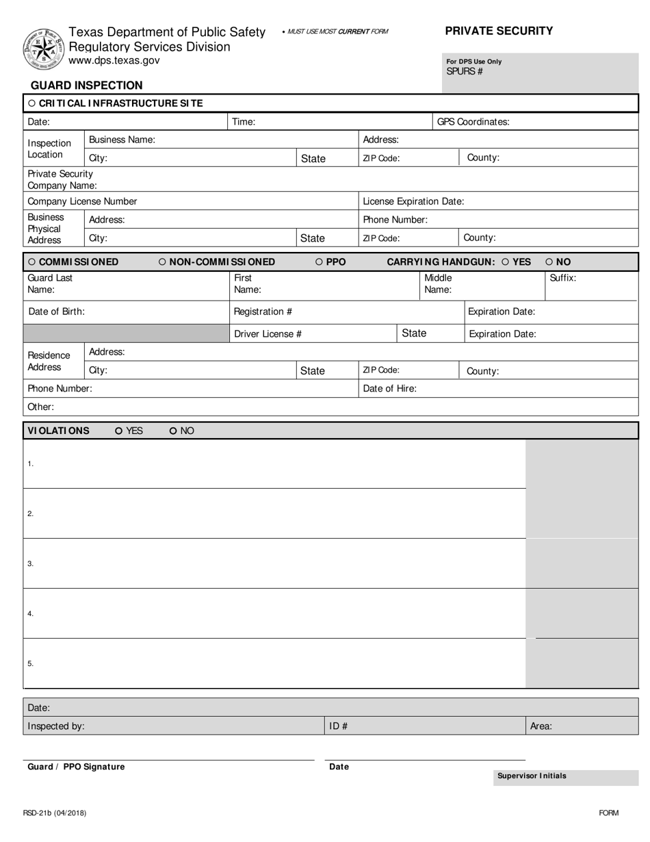 Form RSD-21B Guard Inspection - Texas, Page 1