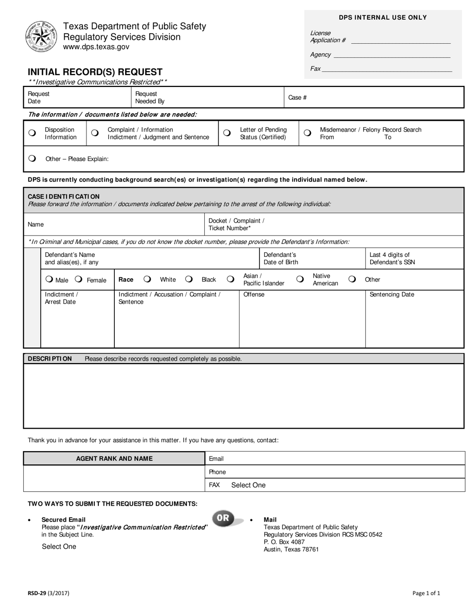 Form RSD-29 Initial Record(S) Request - Texas, Page 1