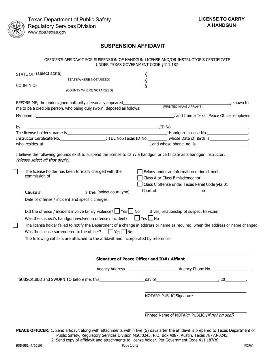 Form RSD-551 Suspension Affidavit - Texas, Page 1