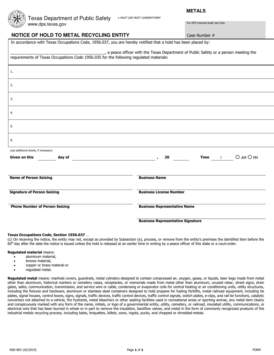 Form RSD-802 Notice of Hold to Metal Recycling Entity - Texas, Page 1