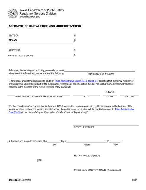 Form RSD-807 Metals Recycling Entity Affidavit of Knowledge and Understanding - Texas
