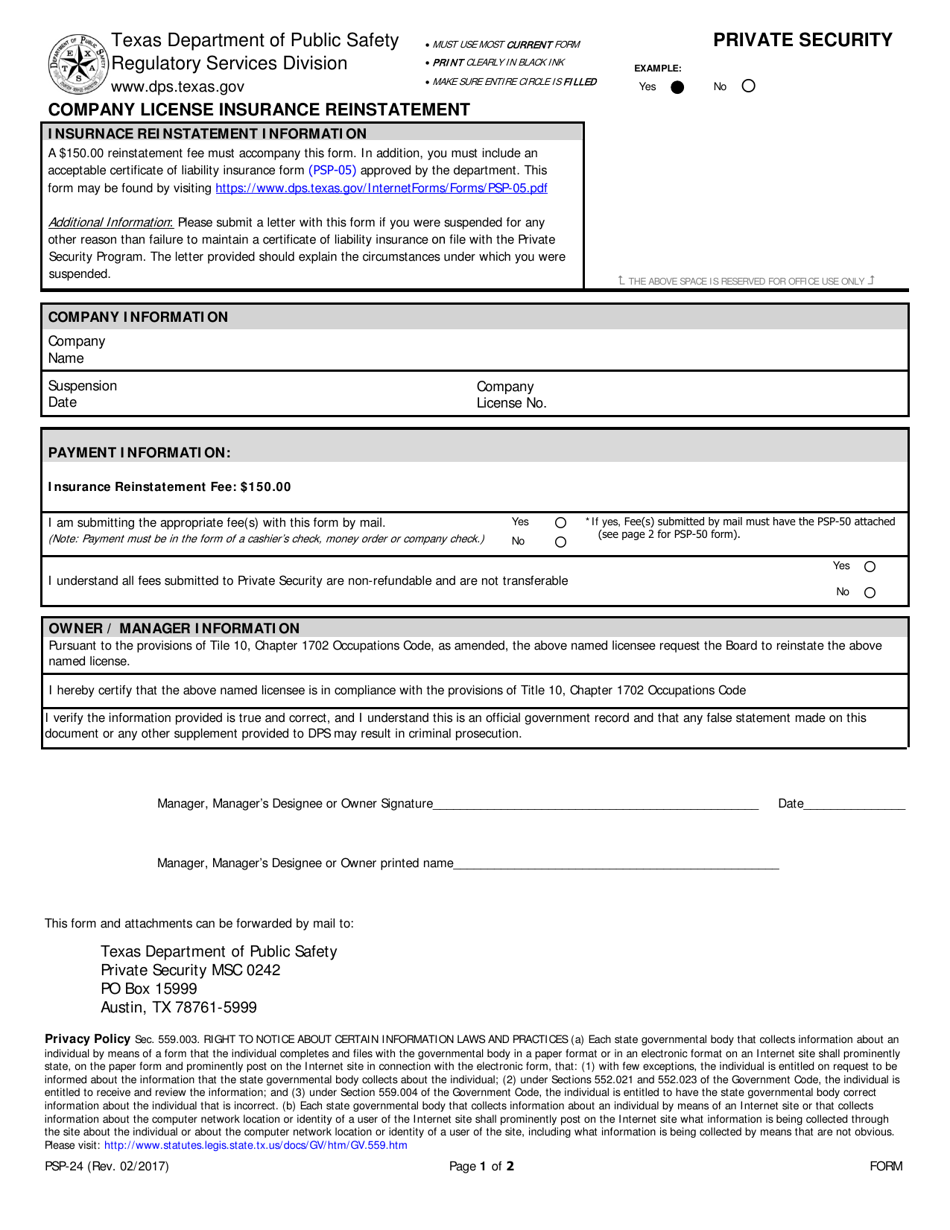 Form PSP-24 Company License Insurance Reinstatement - Texas, Page 1