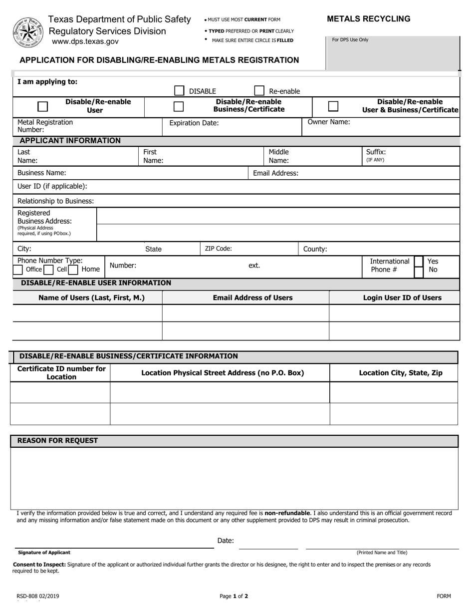 Form RSD-808 Application for Disabling / Re-enabling Metals Registration - Texas, Page 1