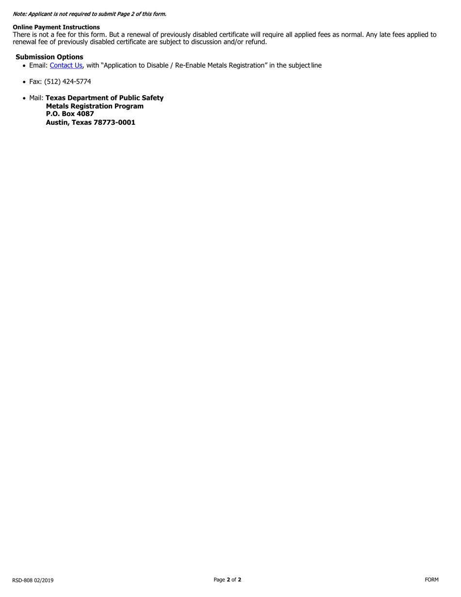 Form RSD-808 Application for Disabling / Re-enabling Metals Registration - Texas, Page 2