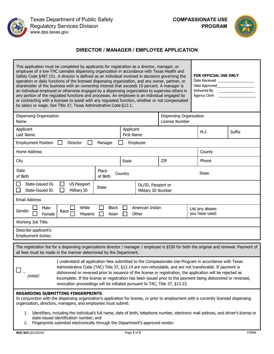 Form RSD-303 Director / Manager / Employee Application - Texas, Page 1
