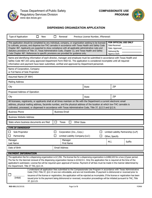 Form RSD-301 Dispensing Organization Application - Texas