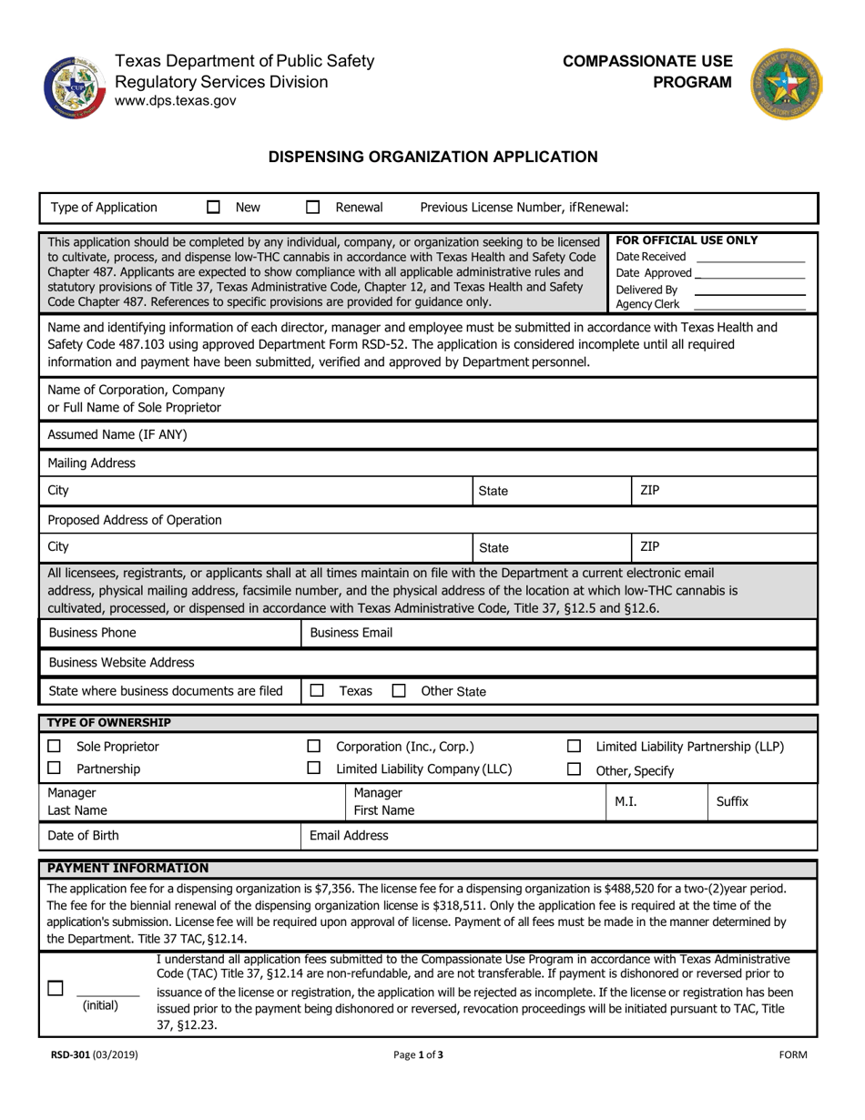 Form RSD-301 Dispensing Organization Application - Texas, Page 1