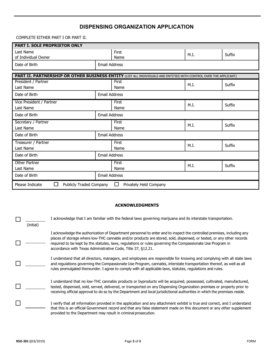 Form RSD-301 Dispensing Organization Application - Texas, Page 2