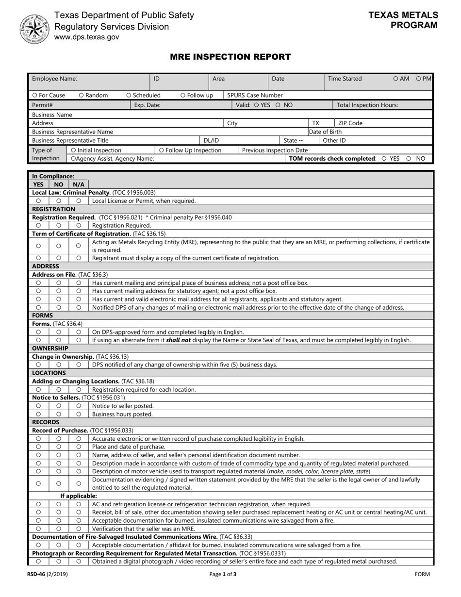 Form RSD-46 Mre Inspection Report - Texas, Page 1