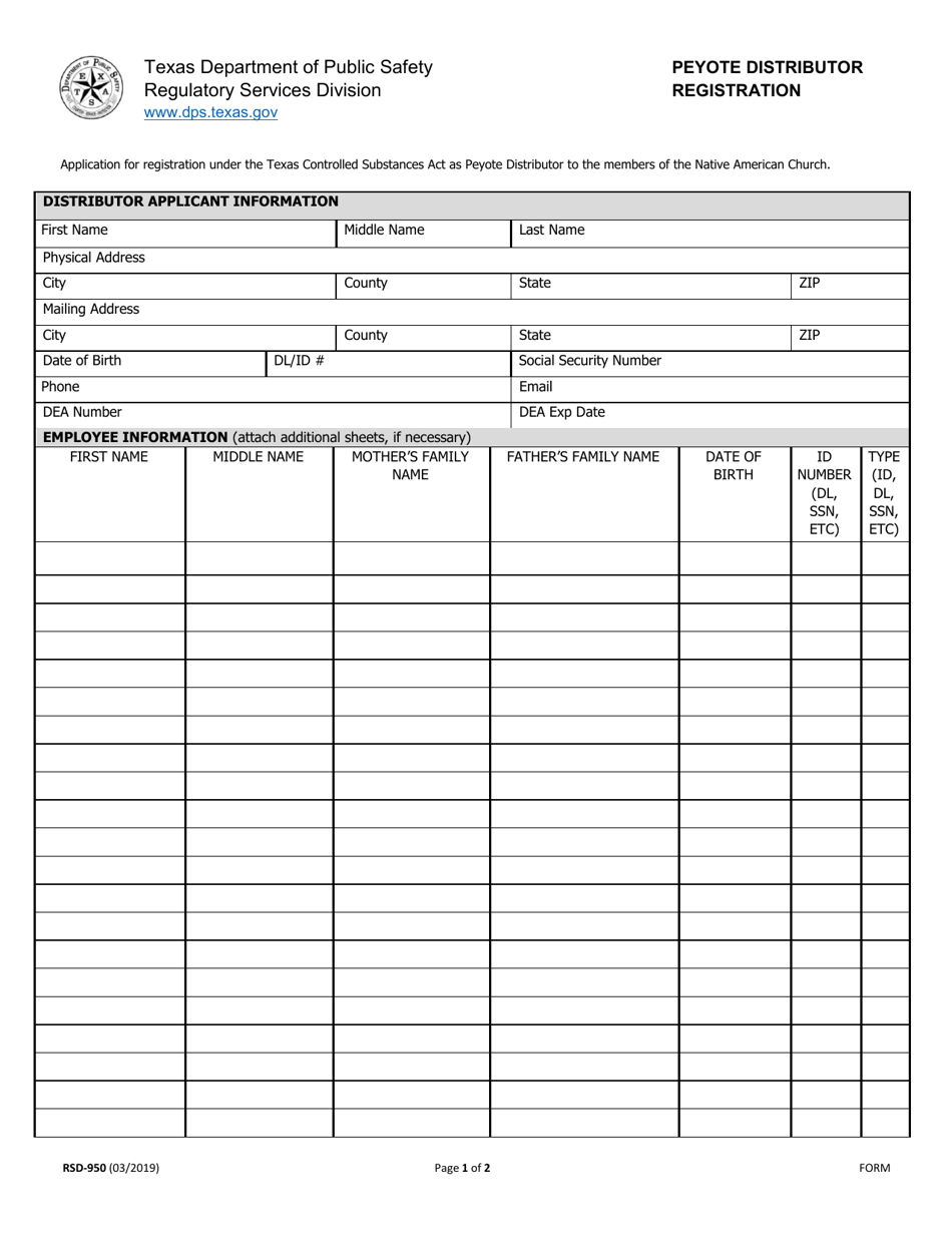 Form RSD-950 Peyote Distributor Registration - Texas, Page 1