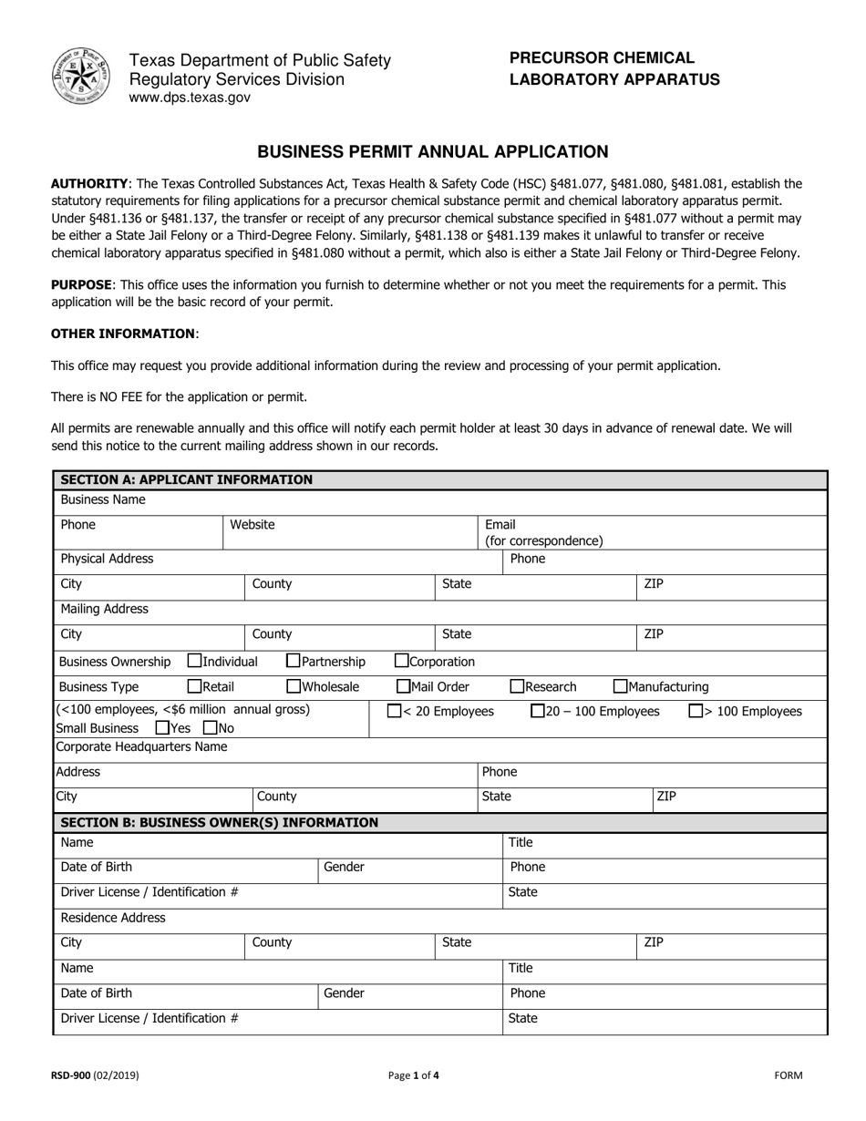 Form RSD-900 Business Permit Annual Application - Texas, Page 1