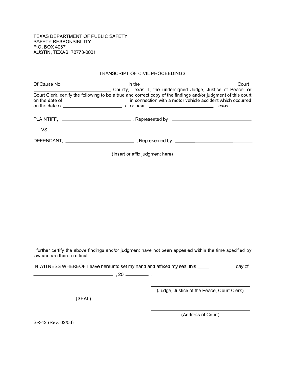 Form SR-42 Transcript of Civil Proceedings - Texas, Page 1