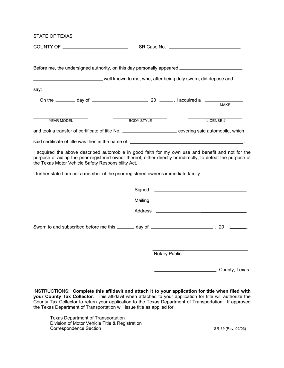 Form SR-39 Affidavit - Purchase Car Unaware of Suspension - Texas, Page 1