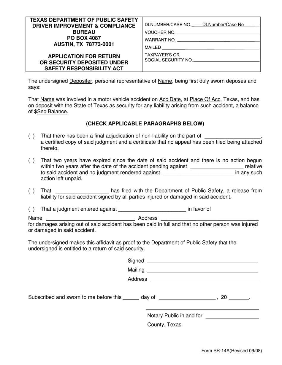 Form SR-14A Application for Return or Security Deposited Under Safety Responsibility Act - Texas, Page 1