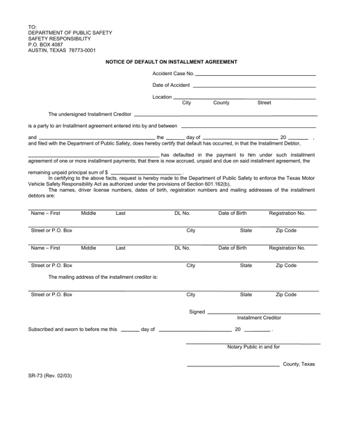 Form SR-73 Notice of Default on Installment Agreement - Texas