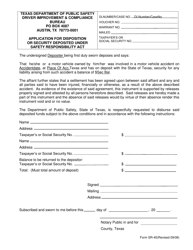 Document preview: Form SR-45 Application for Disposition of Security on Deposit Under Safety Responsibility Act - Texas