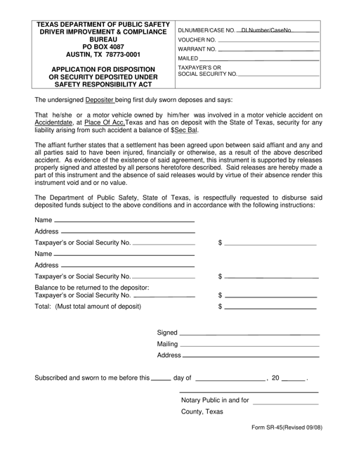 Form SR-45 Application for Disposition of Security on Deposit Under Safety Responsibility Act - Texas
