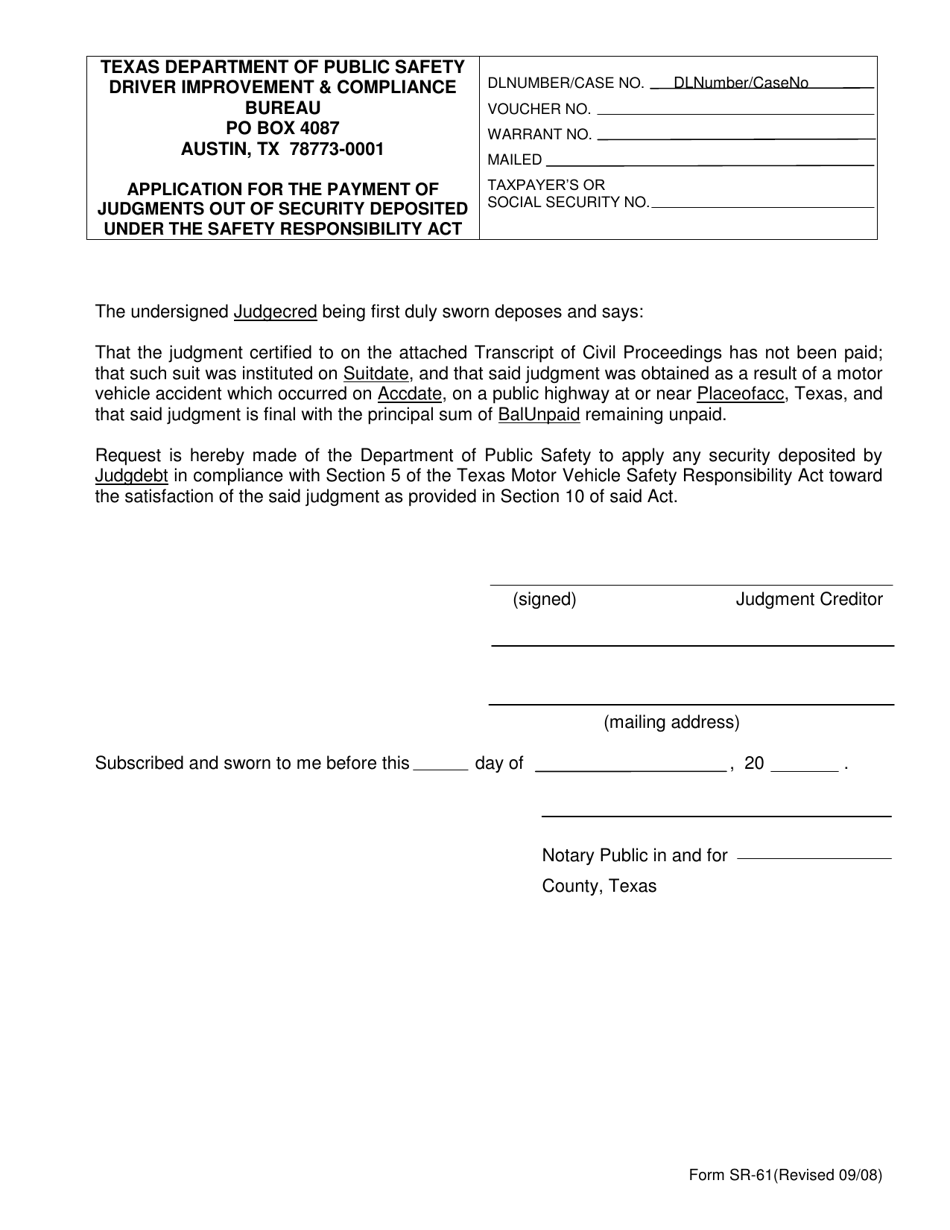 Form SR-61 Application for the Payment of Judgments out of Security Deposited Under the Safety Responsibility Act - Texas, Page 1