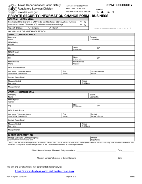 Form PSP-16A Private Security Information Change Form " Business - Texas
