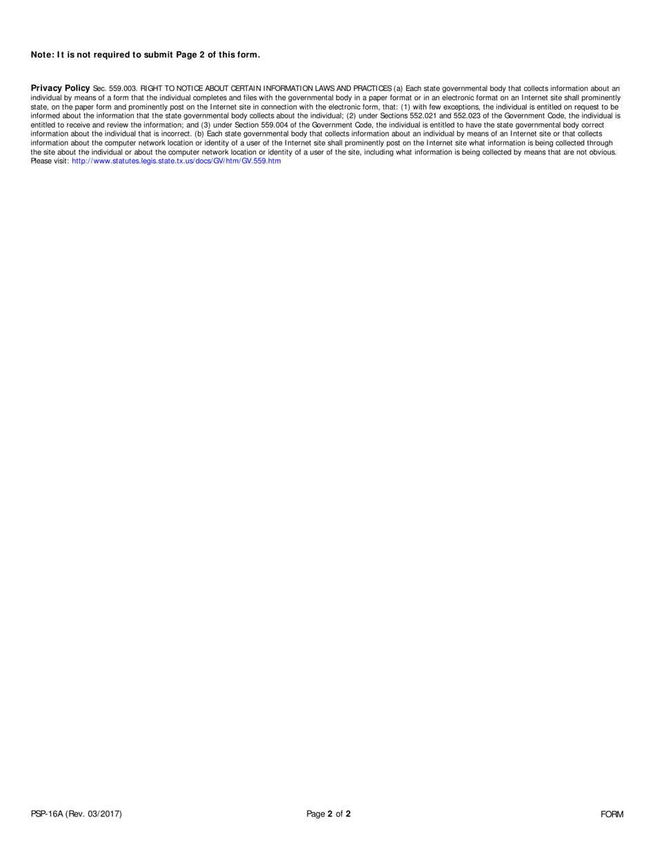 Form PSP-16A Private Security Information Change Form  Business - Texas, Page 2