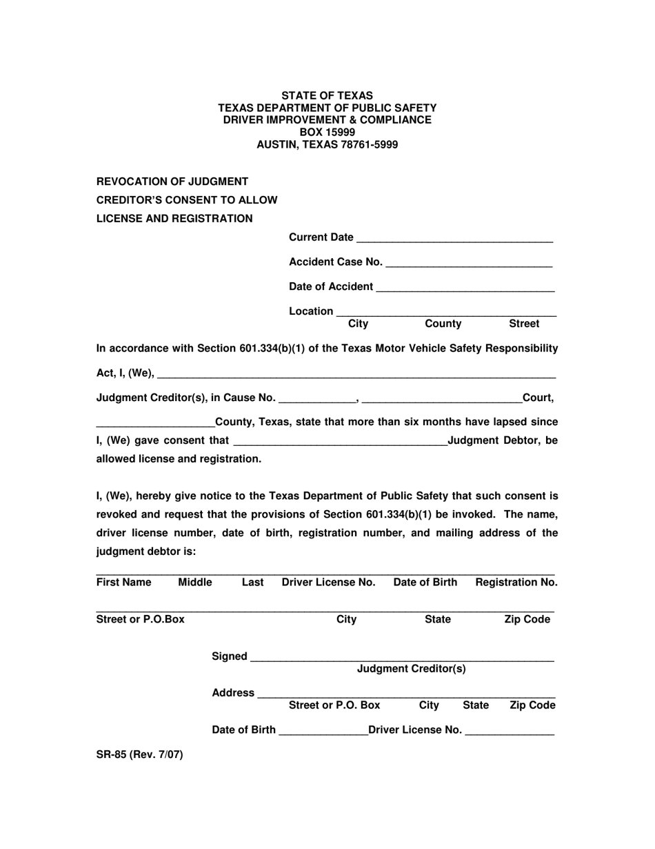 Form SR-85 Revocation of Judgment Creditors Consent to Allow - Texas, Page 1