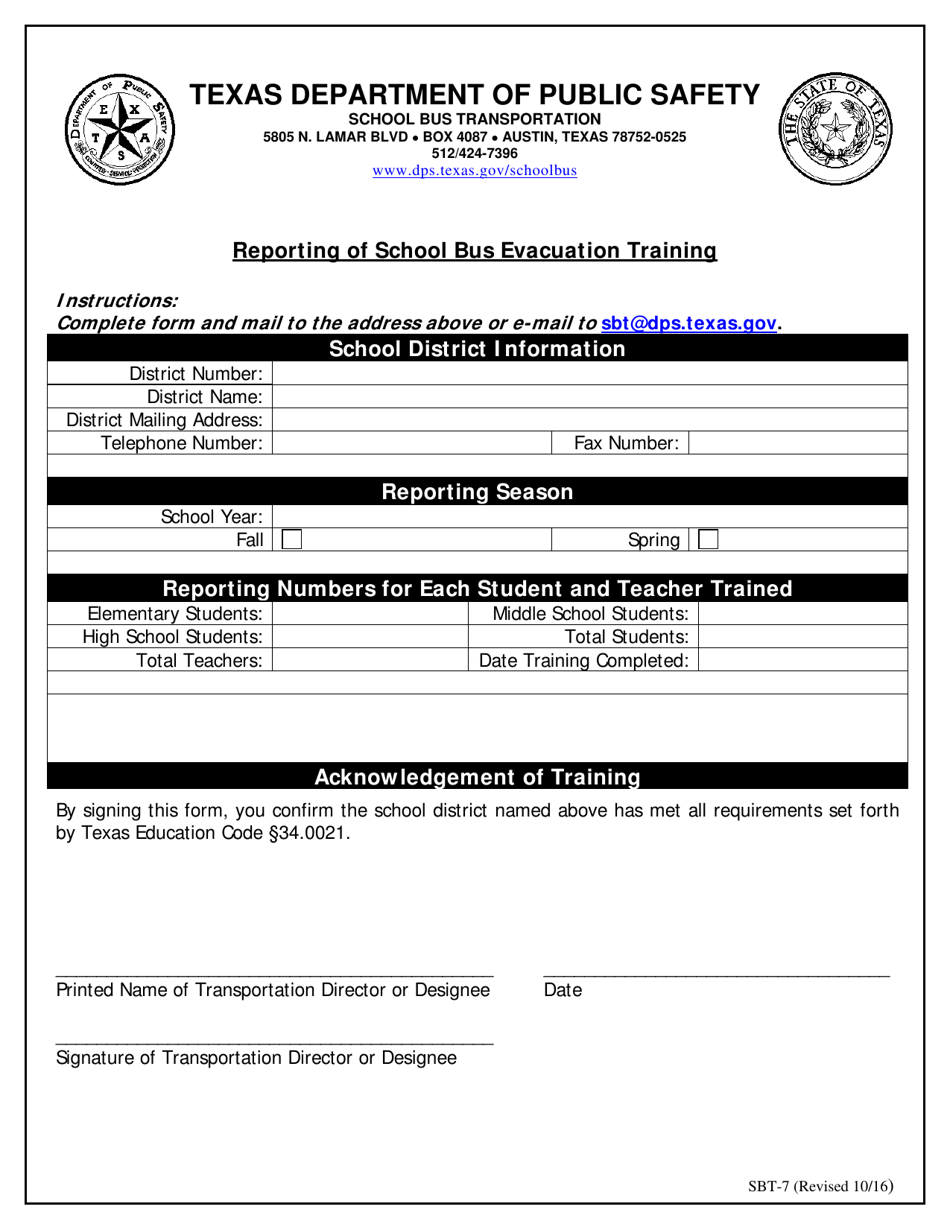 Form SBT-7 Reporting of School Bus Evacuation Training - Texas, Page 1