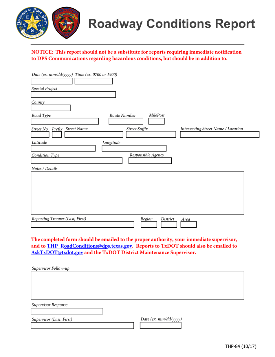 Form THP-84 Roadway Conditions Report - Texas, Page 1