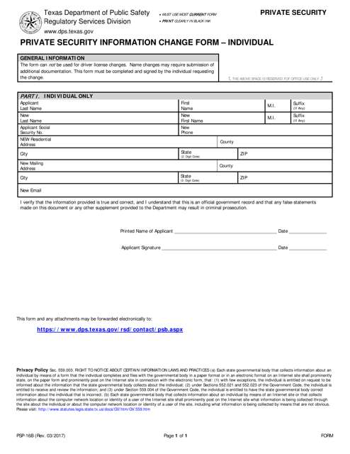 Form PSP-16B Private Security Information Change Form " Individual - Texas