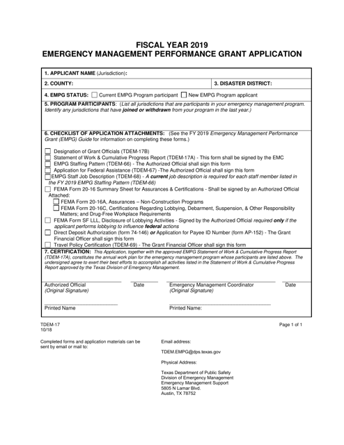 Form TDEM-17 Emergency Management Performance Grant Application - Texas, 2019