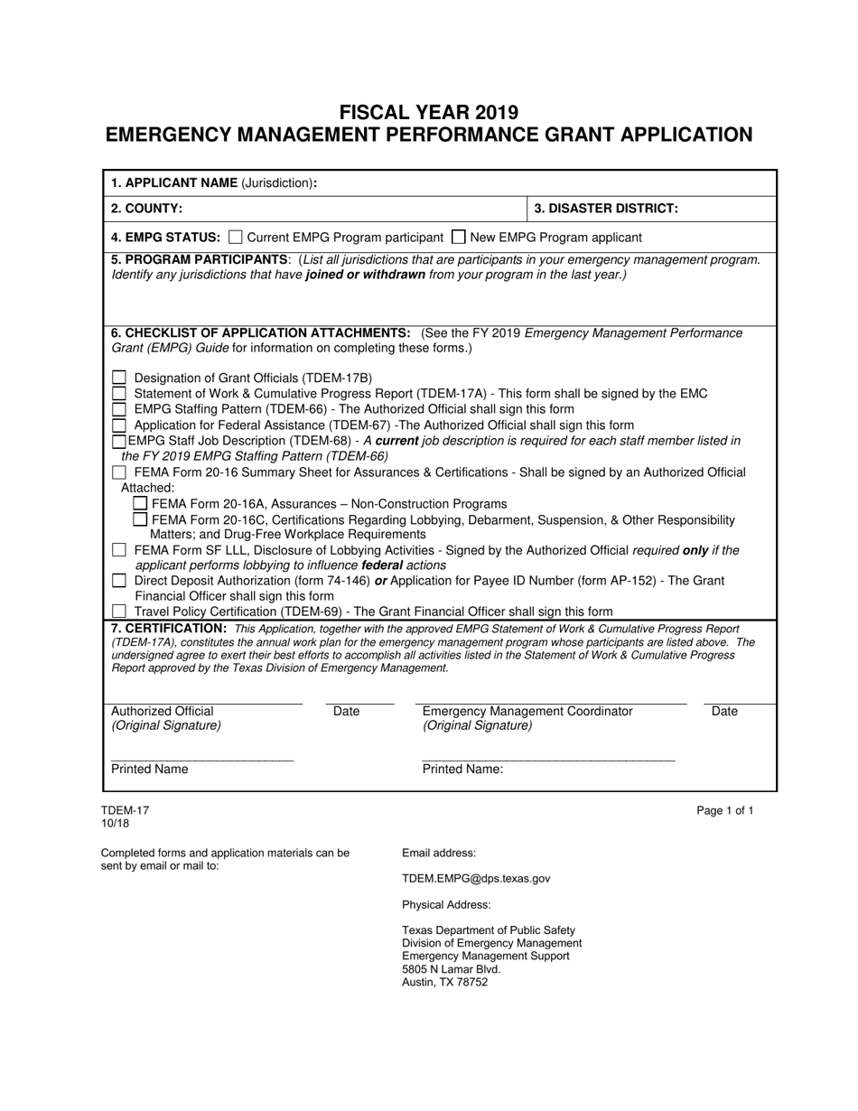 Form TDEM-17 Emergency Management Performance Grant Application - Texas, Page 1