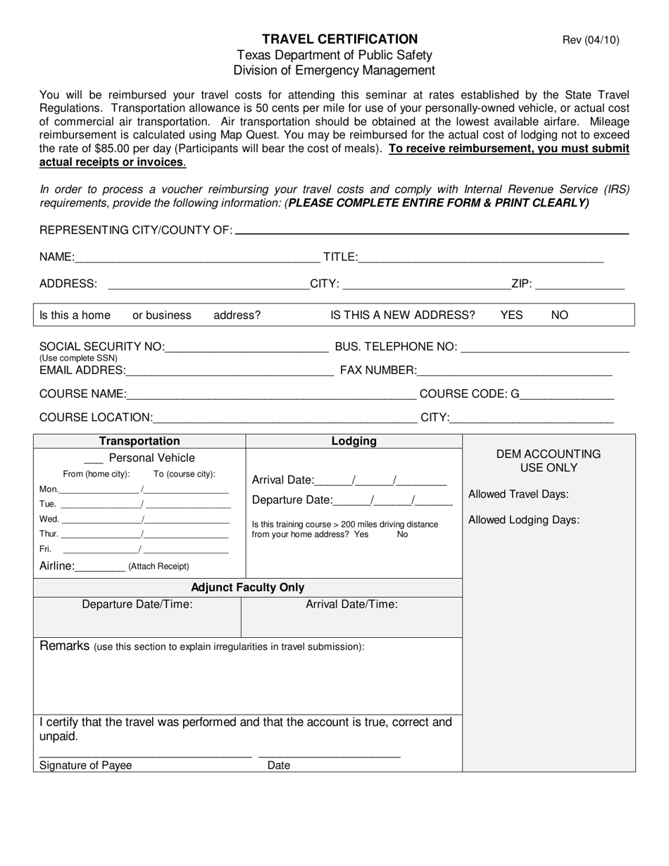 Form TDEM-36 Training Travel Certification - Texas, Page 1