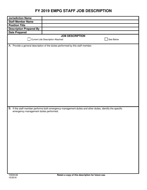 Form TDEM-68 Empg Staff Job Description - Texas, 2019