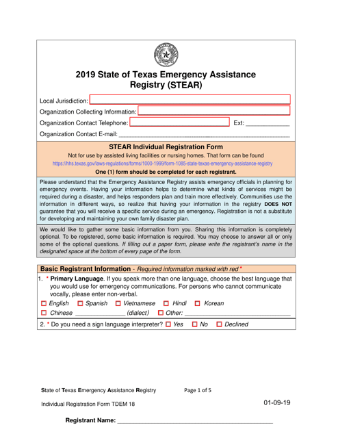 Form TDEM18 Stear Individual Registration Form - Texas, 2019