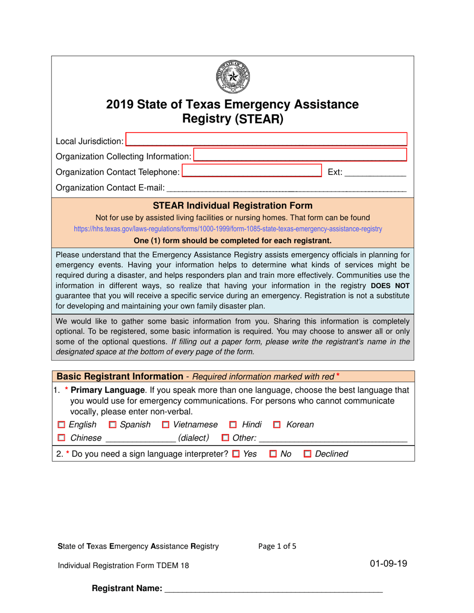 Form TDEM18 Stear Individual Registration Form - Texas, Page 1