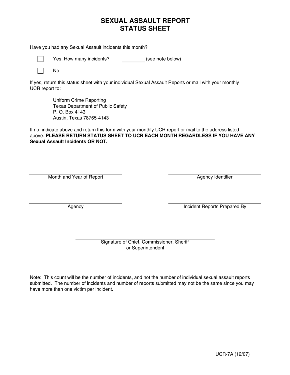 Form UCR-7A Sexual Assault Report Status Sheet - Texas, Page 1