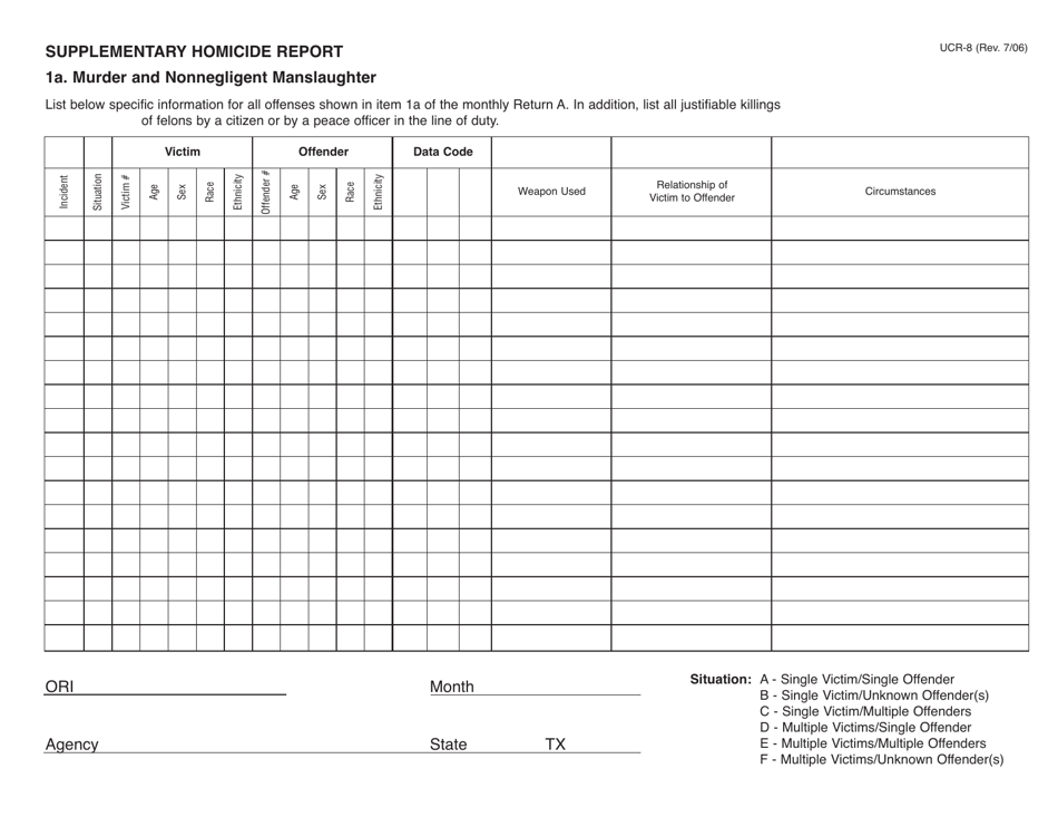 Form UCR-8 Supplementary Homicide Report - Texas, Page 1