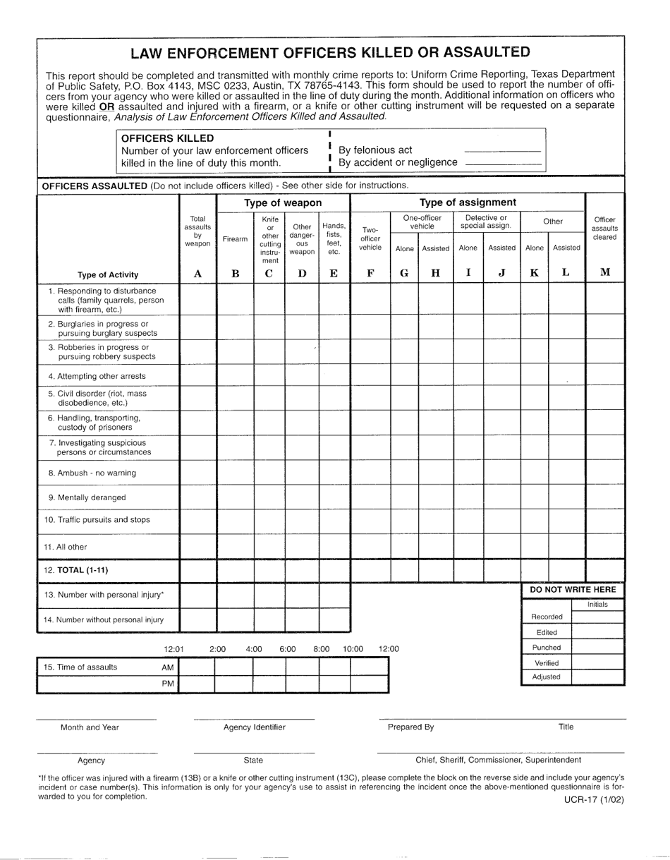 Form UCR-17 Law Enforcement Officers Killed or Assaulted - Texas, Page 1