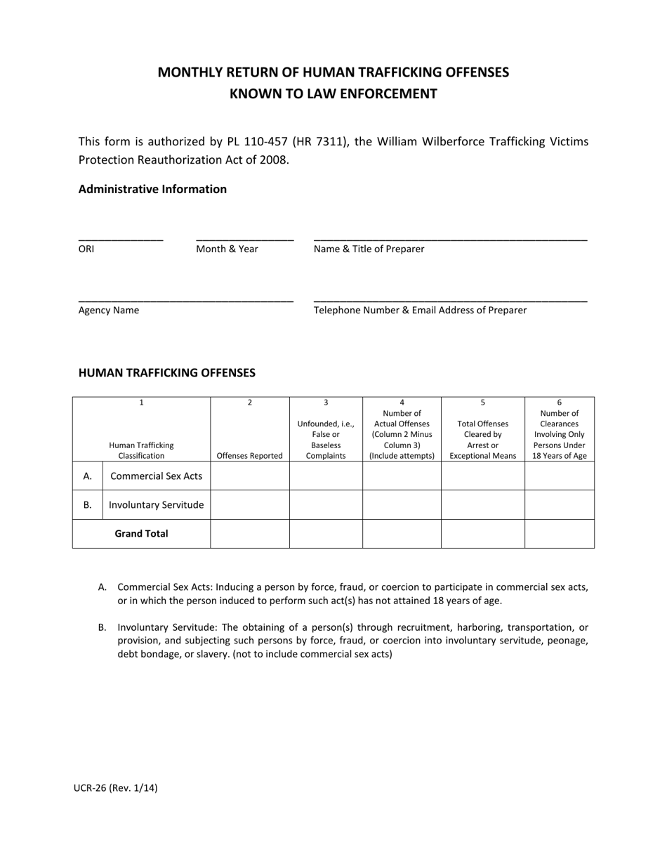 Form UCR-26 Monthly Return of Human Trafficking Offensesknown to Law Enforcement - Texas, Page 1